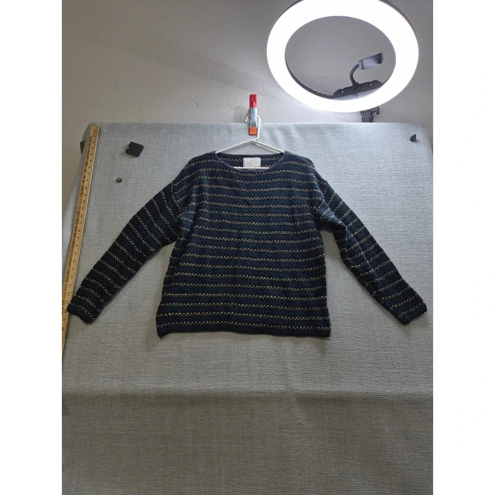 Express Tricot Sweater Womens Small Blue Striped Ramie Chunky Knit Boat Neck